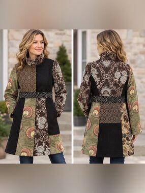 PINK MARTINI Patchwork Tapestry Mixed Media Statement Coat SzM Boho Wearable Art